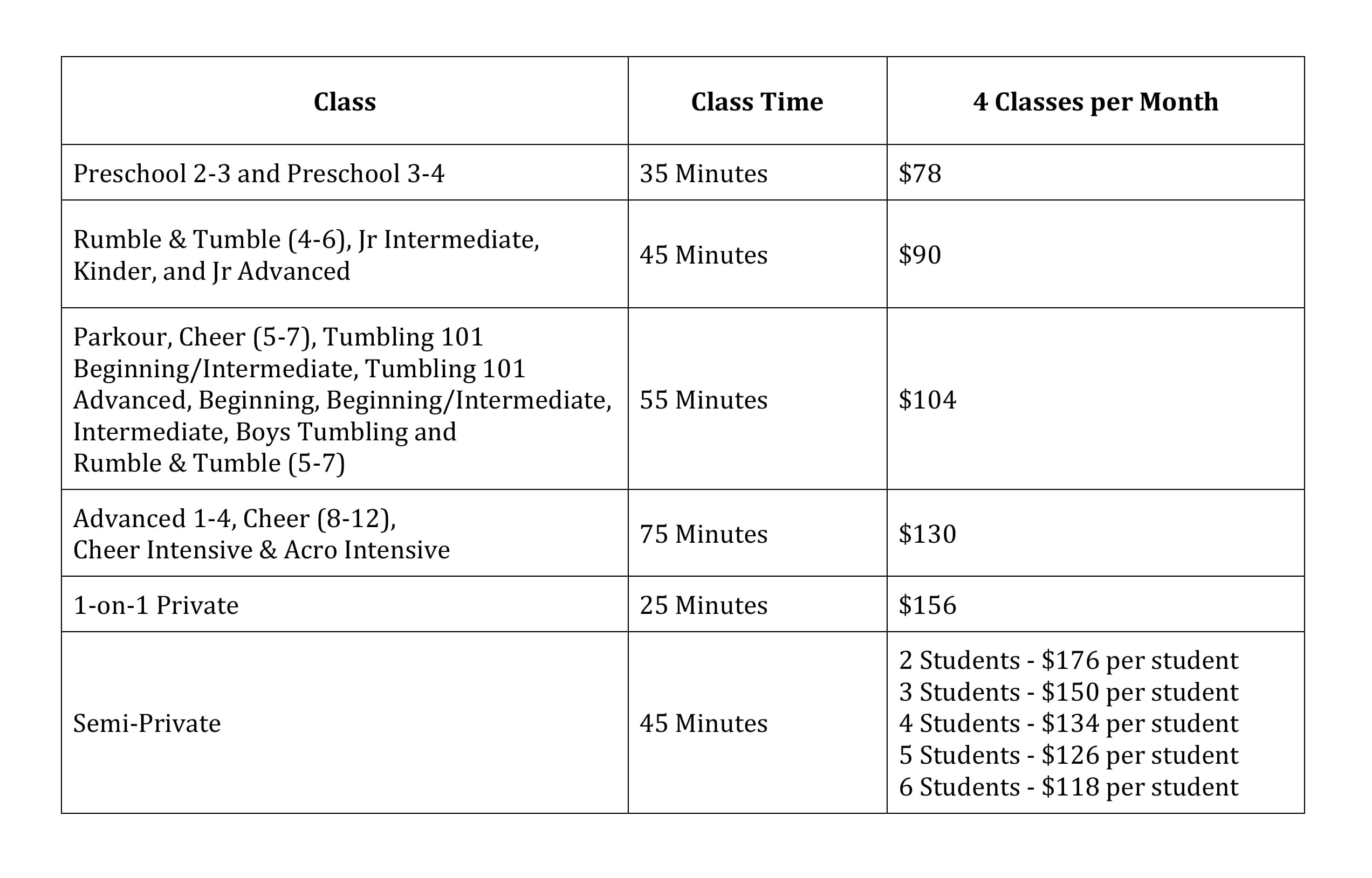 monthly pricing table 2026-2027
